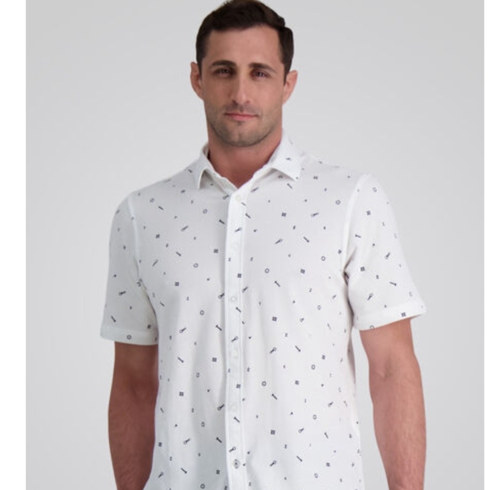 Haggar White Casual Button Down Shirt with Subtle Pattern